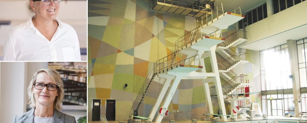 Valhallabadet (arkivbild, Göteborgs Stadsmuseum). Cilla Jansson och Liv Berghagen Stein, arkitekter på Krook & Tjäder.