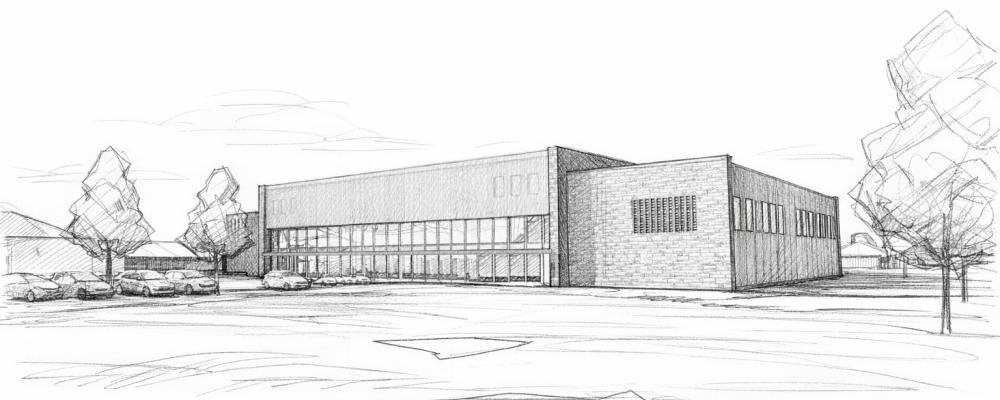 Modellbild över det nya badhuset från Liljewall arkitekter, med AI-genererad skisstil. Bild: Falkenbergs kommun