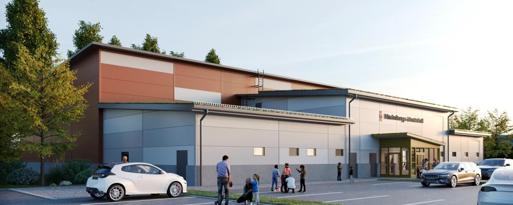 Visionsbild av hur den blivande idrottshallen i Höckeberga kommer att se ut när den blir klar 2027. Bild: Lunds kommun/View Arkitekter.