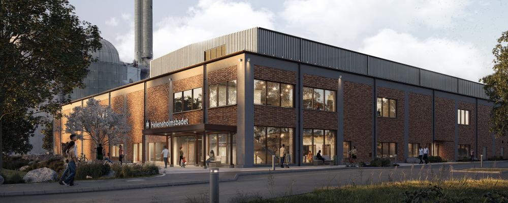 Byggnaden får fasader av tegel och betong, och taket täcks av plåt. Materialvalen har inspirerats bland annat av områdets industribyggnader med sitt robusta, röda tegel, och Munkhätteskolans plåtinklädnad. Bild: Liljewall Arkitekter