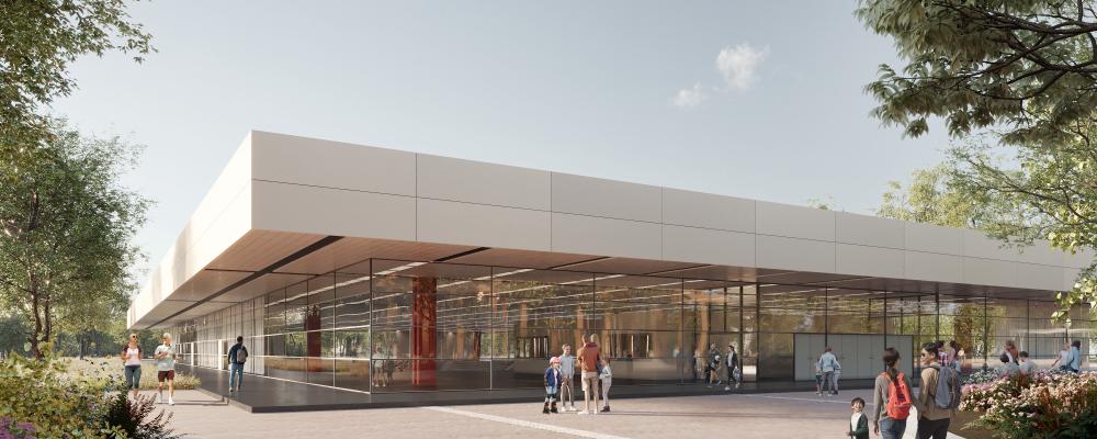 Landskrona idrottshall, ritad av Arne Jacobsen, ska rustas upp samtidigt som de arkitektoniska kvaliteterna ska behållas. Visionsbild: Krook och Tjäder