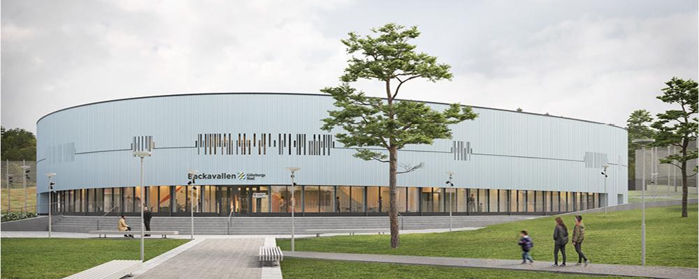 Backavallens sporthall byggs i trä med stående träpanel och stora glaspartier. Visionsbild: D-office