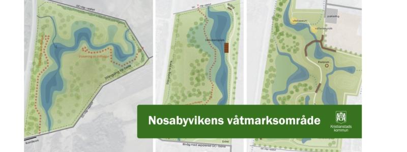 Illustration på de norra, mellersta och södra delarna av Nosabyvikens våtmarksområde. Illustration: Kristianstads kommun