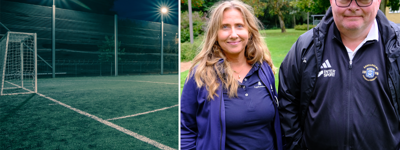 I sommar har det arrangerats nattfotboll i Ängelholm. På bilden Susanne Nordin, Ängelholmshem och Kalle Hansson Ängelholm Fotbollsförening.