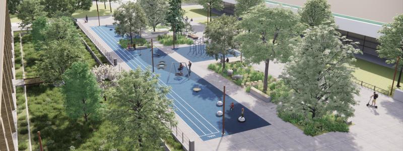 Fågelvy över Arenatorget. Redan till sommaren blir det en ny aktivitetsyta utanför den nya ishallen i Karlslundsområdet. Skissbild: Lektus