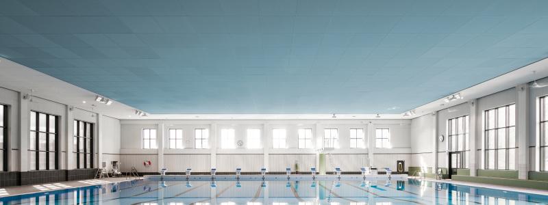 För att uppnå den höga akustiska kvaliteten som krävs i badhusmiljöer valdes akustiska stenullslösningar från Rockfon till Lidingö simhall.
Foto: Rockfon