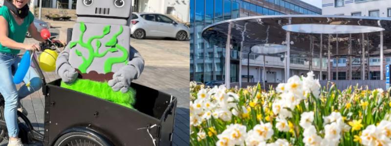 På Cykelns dag 3 juni blir det cykelfest i Helsingborg. Klockan 12 invigs det nya cykelgaraget på Kungstorget och en timme senare är det dags för en cykelparad genom city, för alla som vill vara med. Superhjältarna Larve och Vinda är med och hejar! Foto: Helsingborg