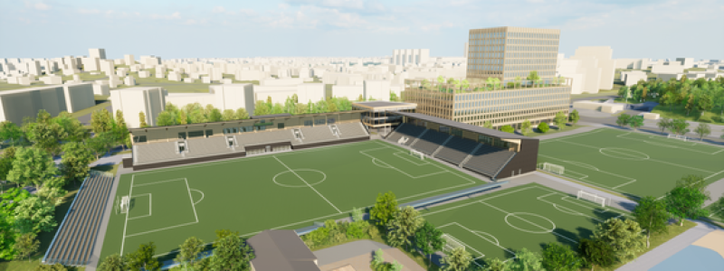 Illustrationsbild av möjlig utformning av idrottsplatsen med kontorsfastigheten (Illustration: Snidare Arkitekter/Wingårdhs)