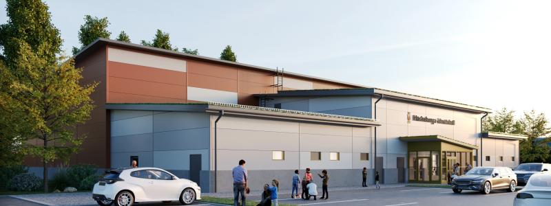Visionsbild av hur den blivande idrottshallen i Höckeberga kommer att se ut när den blir klar 2027. Bild: Lunds kommun/View Arkitekter.
