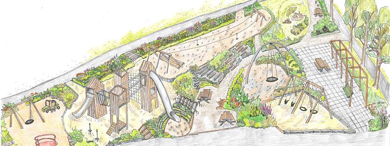 Lekplatsen i Stadsparken byggs om och planeras vara klar till hösten 2023. Illustration: Örebro kommun