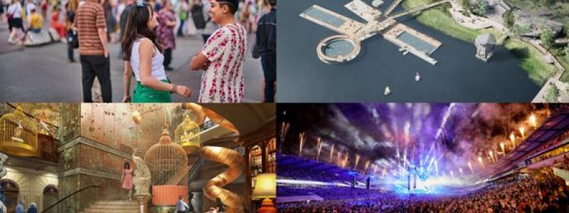 Jubileumsfestivalen, allmänna badet i Jubileumsparken, Liseberg Grand Curios och konserter på Ullevi. Foto: Happy Visuals, raumlaborberlin, Quarry Fold Studio/Liseberg och Anna-Lena Lundqvist/Got Event.
