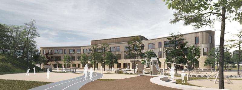 De runda hörnen på nya Njupkärrs skola är tänkt att ge en mjuk och trygg framtoning. Illustration: AIX Arkitekter.