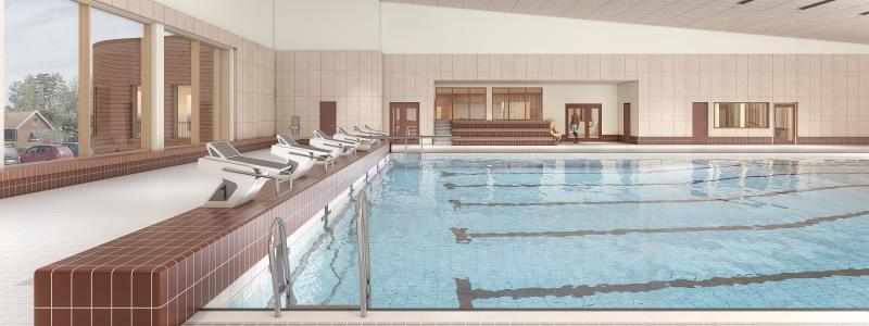 Simhallen med 25-metersbassäng med sex banor.  Bild: Peab