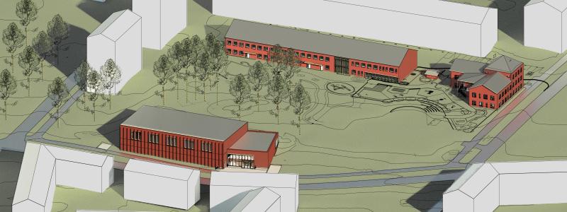 Vid Språkskolan ska en ny idrottshall byggas. Illustrationen visar en möjlig utformning. Illustration: White arkitekter.