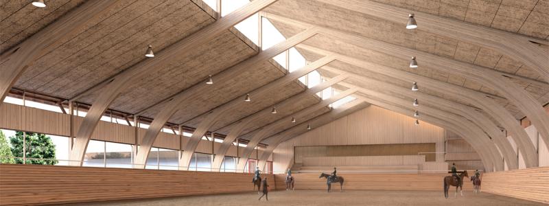 Den nya ridanläggningen i Romme blir till övervägande del en träkonstruktion i enlighet med Borlänge kommuns träbyggnadsstrategi. Bild: Bygg Partner Dalarna