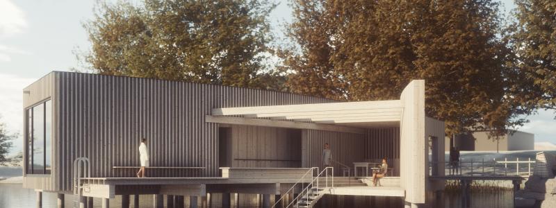 Det planerade kallbadhuset sett från sydväst, från Växjösjön. Bild: Växjö kommun / Arkitektbolaget