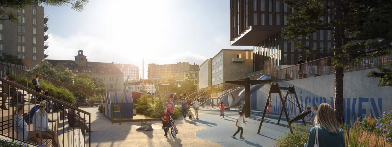 En ny stadsdelspark kommer att anläggas på Götatunnelns tak. Visionsbild: Göteborgs stad