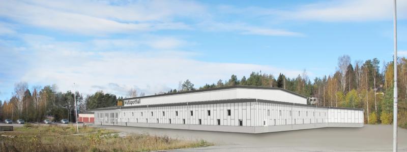 Illustrationsskiss: Den nya multiisporthallen byggs ihop med nuvarande Modohallen . Tecnicon