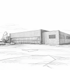 Modellbild över det nya badhuset från Liljewall arkitekter, med AI-genererad skisstil. Bild: Falkenbergs kommun