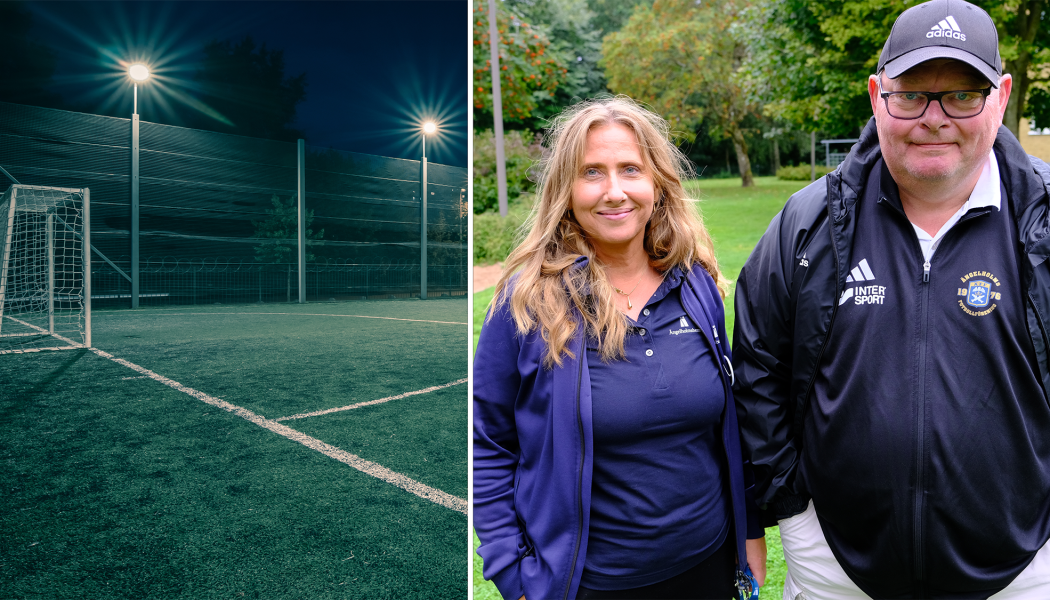 I sommar har det arrangerats nattfotboll i Ängelholm. På bilden Susanne Nordin, Ängelholmshem och Kalle Hansson Ängelholm Fotbollsförening.