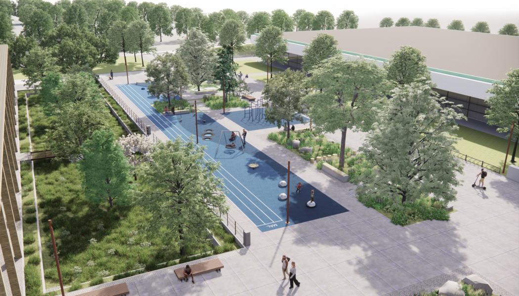 Fågelvy över Arenatorget. Redan till sommaren blir det en ny aktivitetsyta utanför den nya ishallen i Karlslundsområdet. Skissbild: Lektus