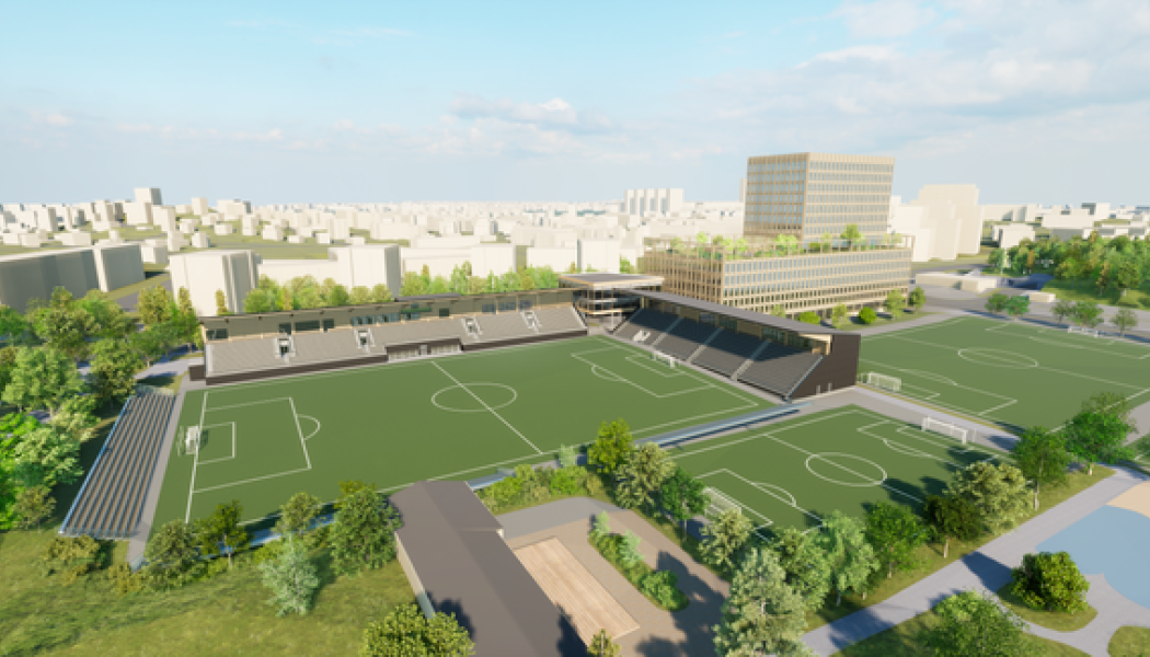 Illustrationsbild av möjlig utformning av idrottsplatsen med kontorsfastigheten (Illustration: Snidare Arkitekter/Wingårdhs)