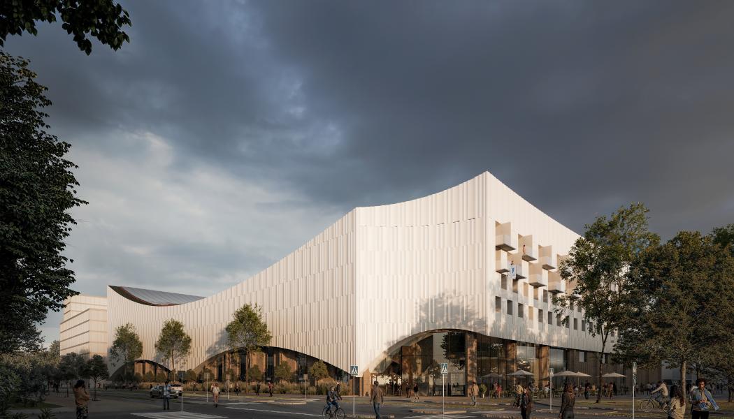 Vy över multisportbyggnaden från nordväst. Foto: Wingårdhs / Skanska