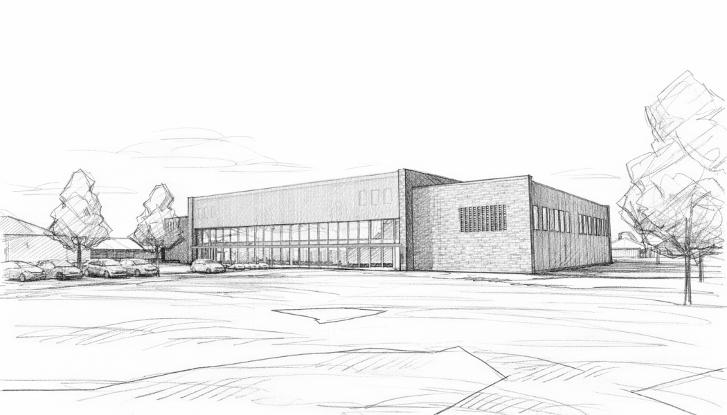 Modellbild över det nya badhuset från Liljewall arkitekter, med AI-genererad skisstil. Bild: Falkenbergs kommun