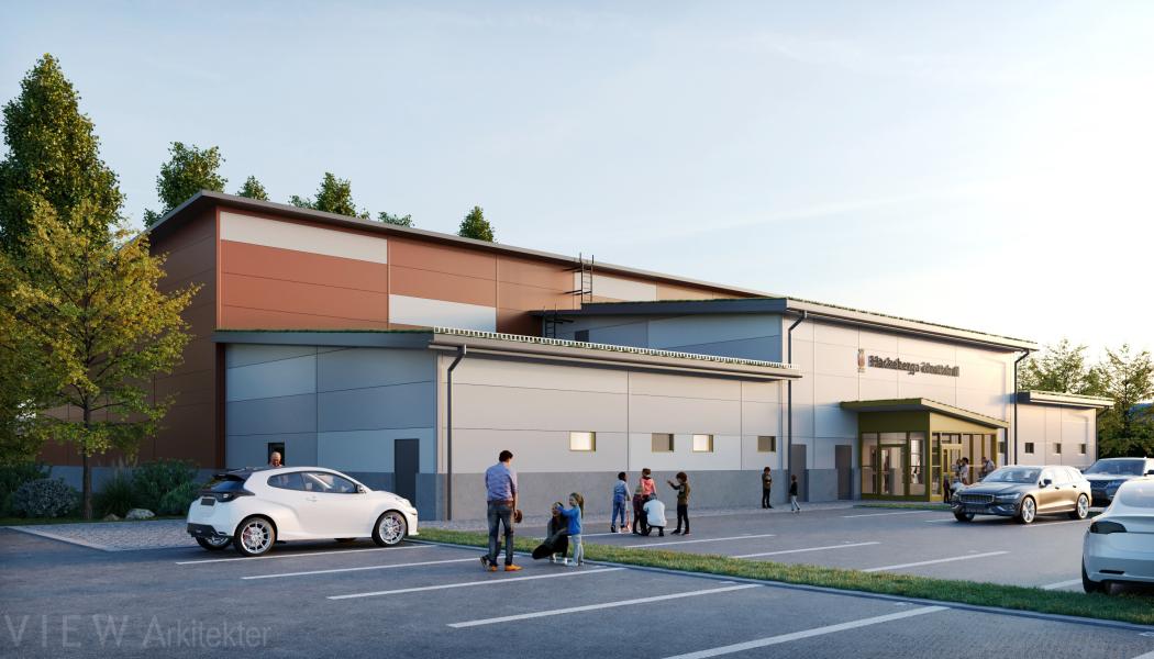 Visionsbild av hur den blivande idrottshallen i Höckeberga kommer att se ut när den blir klar 2027. Bild: Lunds kommun/View Arkitekter.
