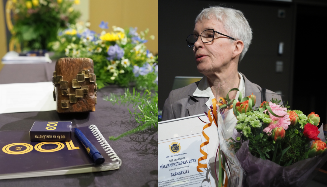 Barbro Malmer, ordförande HSB brf Bränneriet, tog emot årets hållbarhetspris på HSB Stockholms föreningsstämma. Foto: HSB