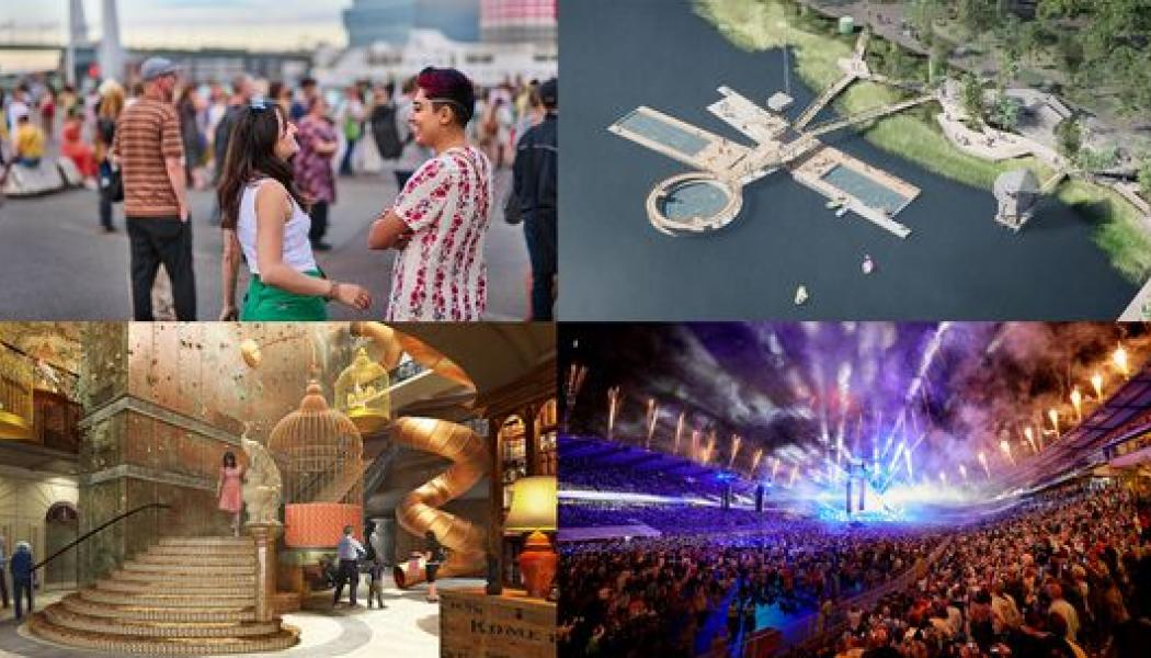 Jubileumsfestivalen, allmänna badet i Jubileumsparken, Liseberg Grand Curios och konserter på Ullevi. Foto: Happy Visuals, raumlaborberlin, Quarry Fold Studio/Liseberg och Anna-Lena Lundqvist/Got Event.