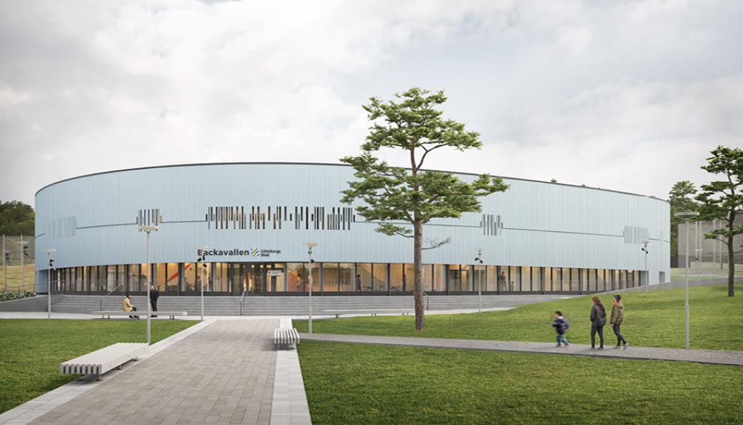 Backavallens sporthall byggs i trä med stående träpanel och stora glaspartier. Visionsbild: D-office