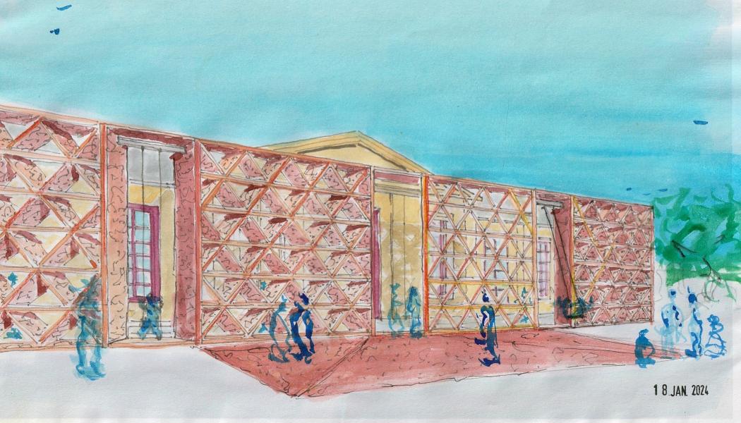 När ArkDes slår upp portarna den 14 juni välkomnas besökaren genom den historiska entrén från excercisplan inramad av en portal skapad av arkitekten Gloria Cabral. Foto: Gloria Cabral