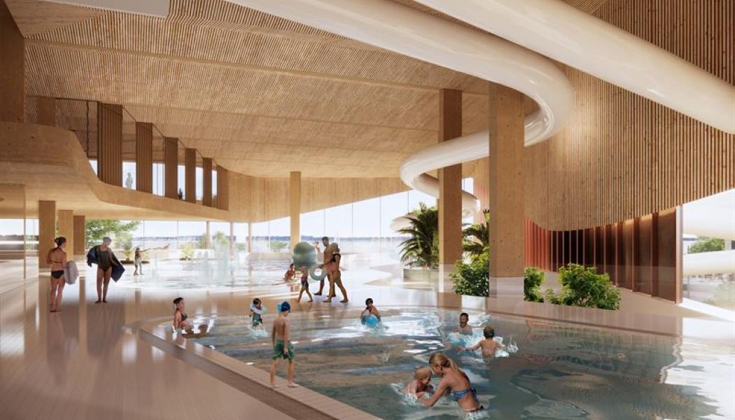 Badet ska bli ett aktivitets- och familjebad som ska vara tillgängligt för alla – oavsett om man är där för lek, motionssimning eller tränar på elitnivå. Foto: Peab