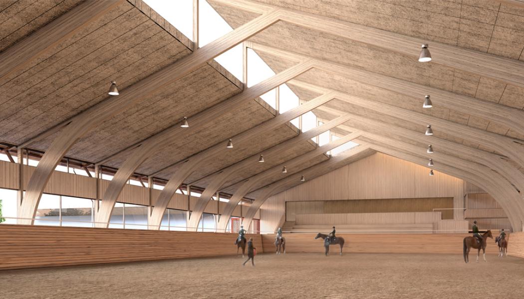 Den nya ridanläggningen i Romme blir till övervägande del en träkonstruktion i enlighet med Borlänge kommuns träbyggnadsstrategi. Bild: Bygg Partner Dalarna