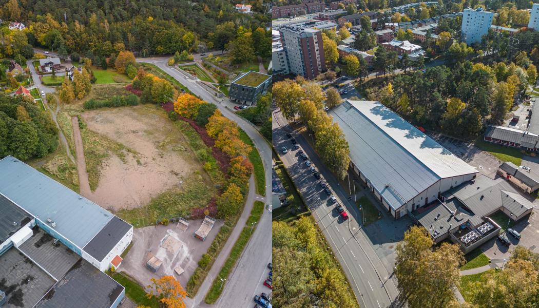 Till vänster: Tomten där nya simhallen i Askim ska byggas, i nära anslutning till dagens simhall. Till höger: Tomten där Kortedala simhall kommer byggas som i dagsläget rymmer ishallen Isdala. Foto: Norconsult