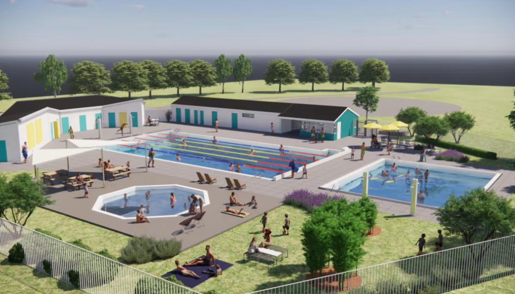 Det nya Drottninghögsbadet som får tre pooler, planeras vara färdigt till sommaren 2023. Illustration: Sweco.