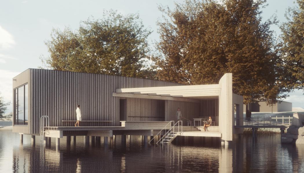 Det planerade kallbadhuset sett från sydväst, från Växjösjön. Bild: Växjö kommun / Arkitektbolaget