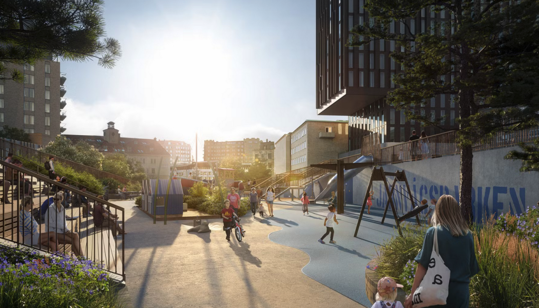 En ny stadsdelspark kommer att anläggas på Götatunnelns tak. Visionsbild: Göteborgs stad