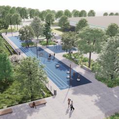 Fågelvy över Arenatorget. Redan till sommaren blir det en ny aktivitetsyta utanför den nya ishallen i Karlslundsområdet. Skissbild: Lektus