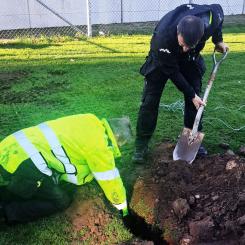 Personal från Idrottsservice gräver ner sensorer i en av kommunens gräsplaner. Foto: Andreas Narvå