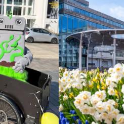 På Cykelns dag 3 juni blir det cykelfest i Helsingborg. Klockan 12 invigs det nya cykelgaraget på Kungstorget och en timme senare är det dags för en cykelparad genom city, för alla som vill vara med. Superhjältarna Larve och Vinda är med och hejar! Foto: Helsingborg
