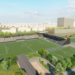 Illustrationsbild av möjlig utformning av idrottsplatsen med kontorsfastigheten (Illustration: Snidare Arkitekter/Wingårdhs)