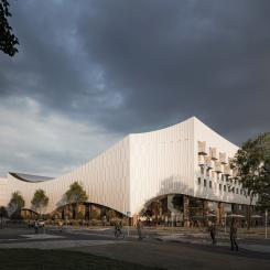 Vy över multisportbyggnaden från nordväst. Foto: Wingårdhs / Skanska