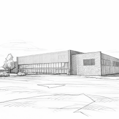 Modellbild över det nya badhuset från Liljewall arkitekter, med AI-genererad skisstil. Bild: Falkenbergs kommun