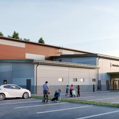 Visionsbild av hur den blivande idrottshallen i Höckeberga kommer att se ut när den blir klar 2027. Bild: Lunds kommun/View Arkitekter.