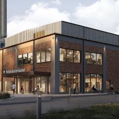 Byggnaden får fasader av tegel och betong, och taket täcks av plåt. Materialvalen har inspirerats bland annat av områdets industribyggnader med sitt robusta, röda tegel, och Munkhätteskolans plåtinklädnad. Bild: Liljewall Arkitekter