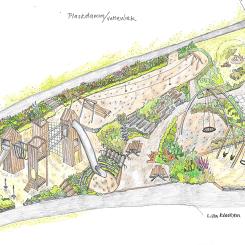Lekplatsen i Stadsparken byggs om och planeras vara klar till hösten 2023. Illustration: Örebro kommun