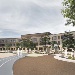 De runda hörnen på nya Njupkärrs skola är tänkt att ge en mjuk och trygg framtoning. Illustration: AIX Arkitekter.
