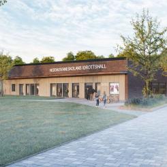 Gestaltningsskiss av planerad idrottshall i kvarteret Pastor Svane 1. Illustration: View Arkiteker